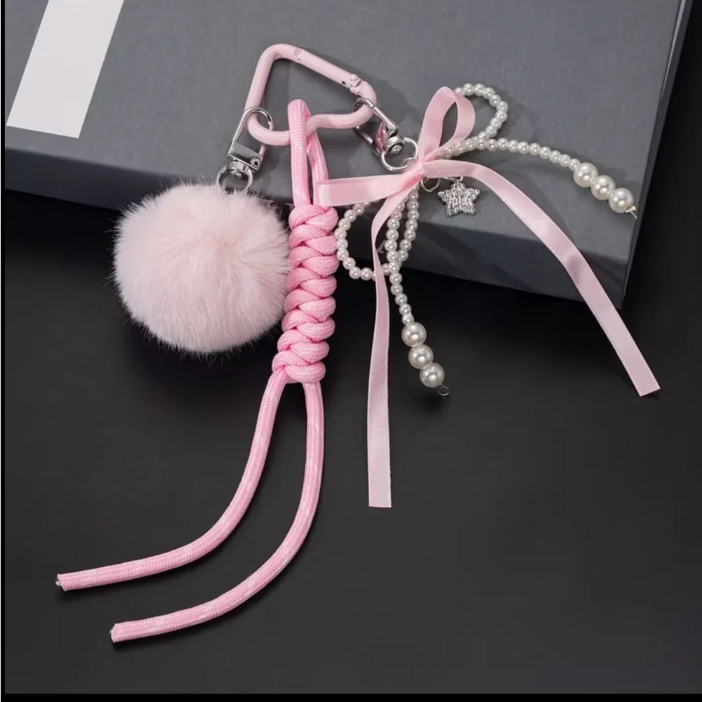 NEW Elegant Pink Fur Keychain with Pom Pom and Bow Pearls